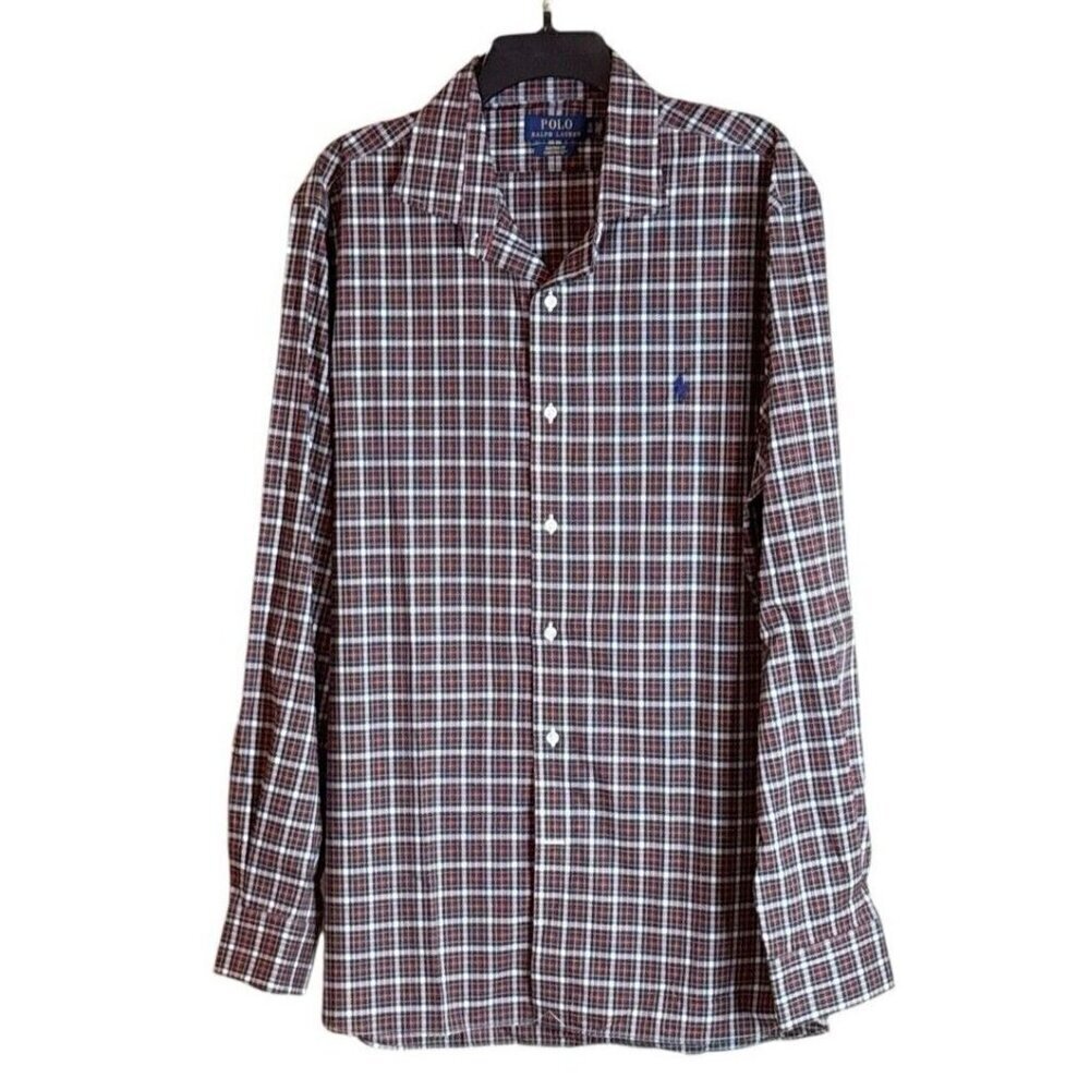 POLO RALPH LAUREN Mens Custom Fit Purepress Long Sleeve Plaid Shirt Size 17/43